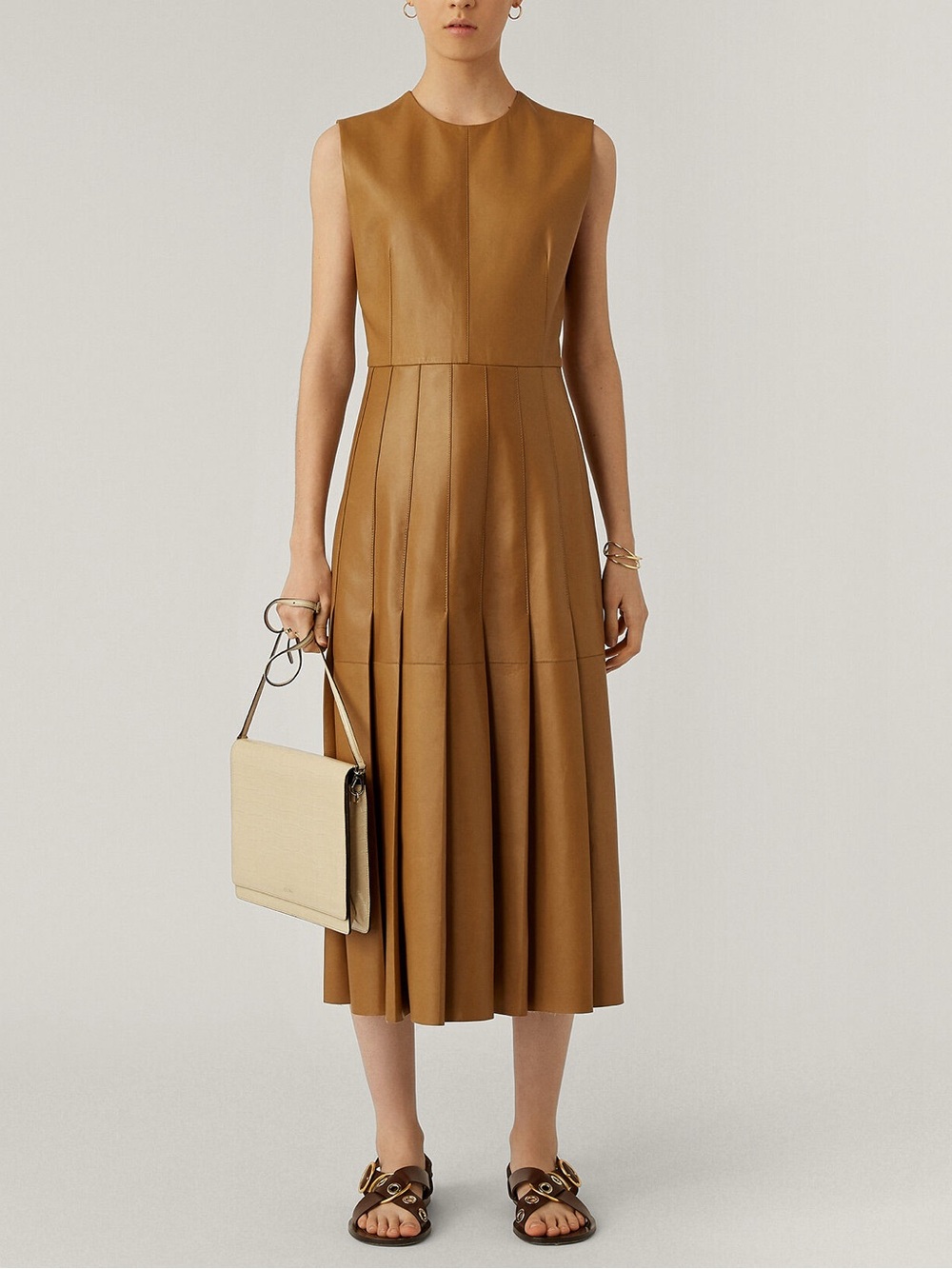 Joseph Brown Leather Pleated Midi Dress